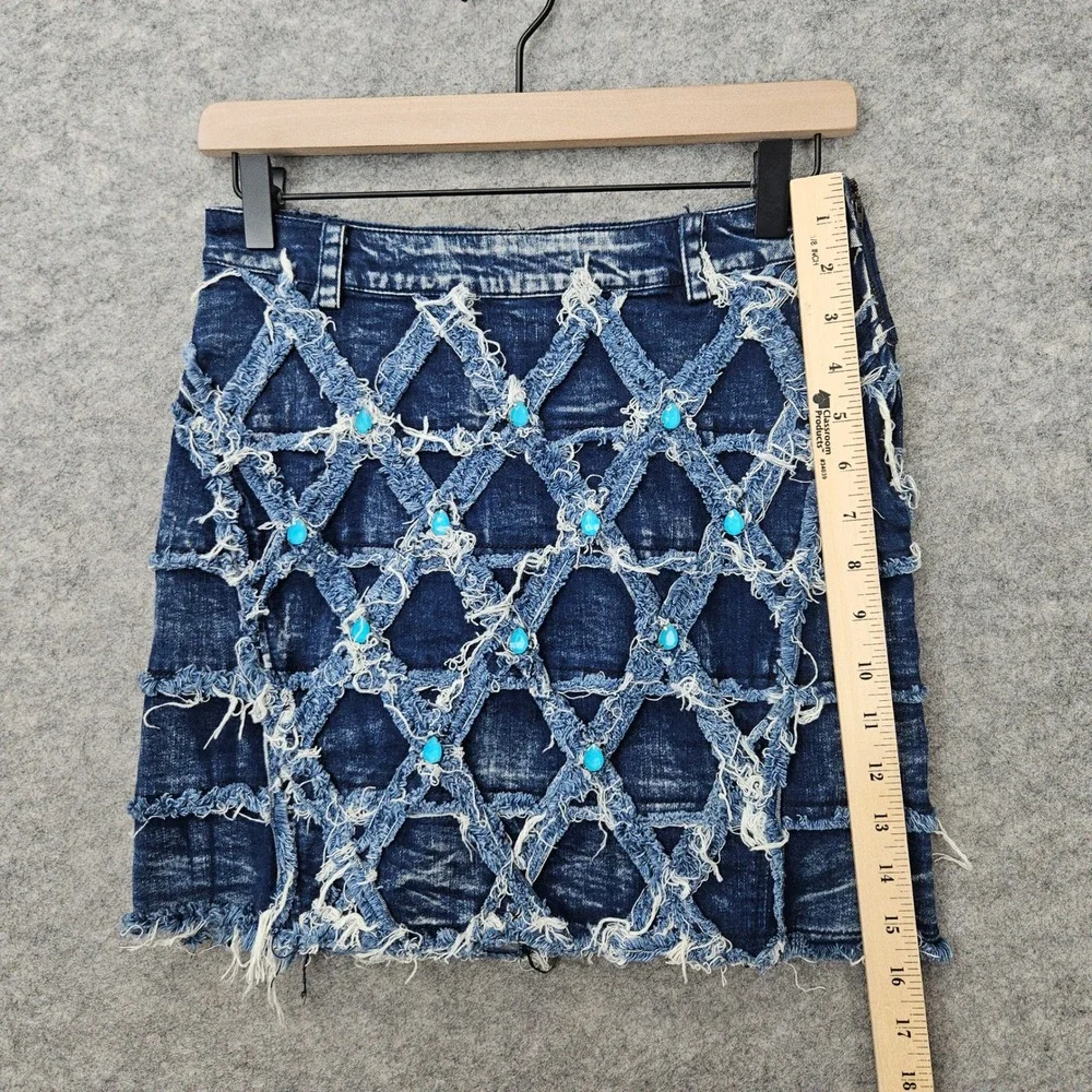 COMME USA Denim Mini Skirt Women's Blue Size M Distressed Frayed Lattice Beaded